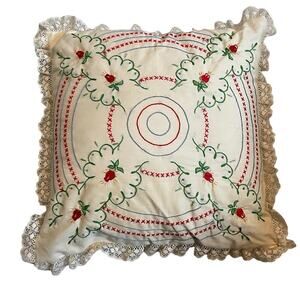 Vintage embroidered floral throw pillow lace trim